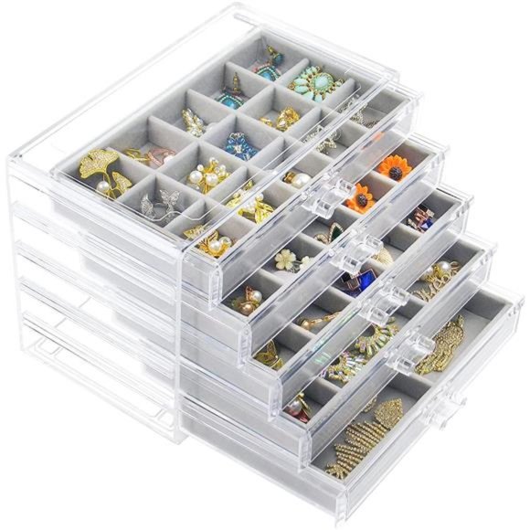 Jewelry Box with 5 Drawers, Clear Earring Storage Organizer Display Case - Picture 1 of 6